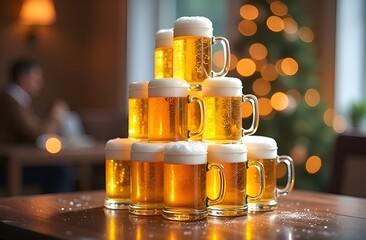 A Christmas card. A pyramid of beer mugs standing on top of each other forms a Christmas tree. The background is blurred with a Christmas tree and bokeh lights