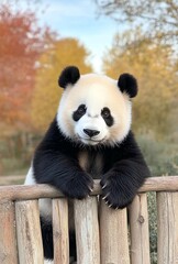 Obraz premium Adorable panda cub resting on a wooden beam in a vibrant autumn park setting