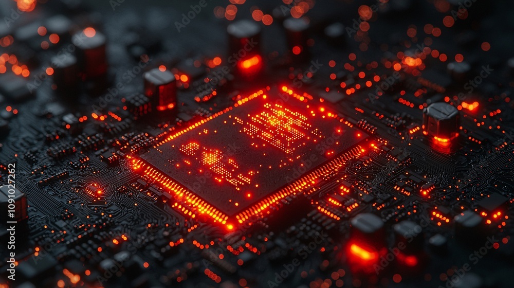 Poster Closeup of a printed circuit board with glowing electrical components and detailed pathways with side empty space for text Stockphoto style