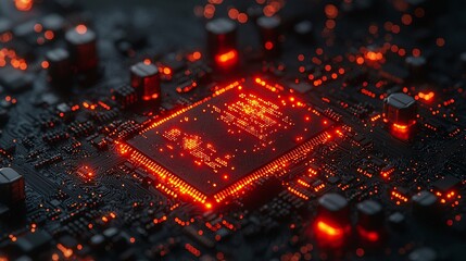 Closeup of a printed circuit board with glowing electrical components and detailed pathways with side empty space for text Stockphoto style