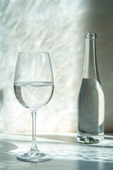 Elegant glass and bottle with clear water.