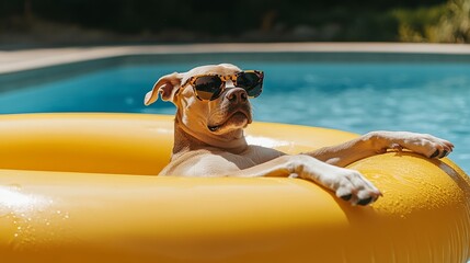 A joyful dog in stylish sunglasses relaxing on a yellow pool float, basking under the summer sun with bright blue water in the background.