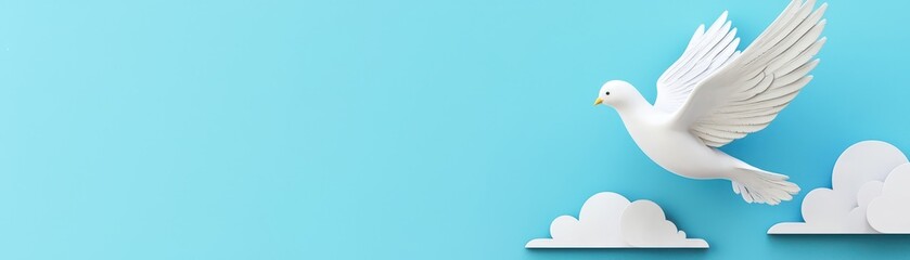 Obraz premium A white dove gracefully flies against a light blue background, surrounded by fluffy white clouds, symbolizing peace and freedom.