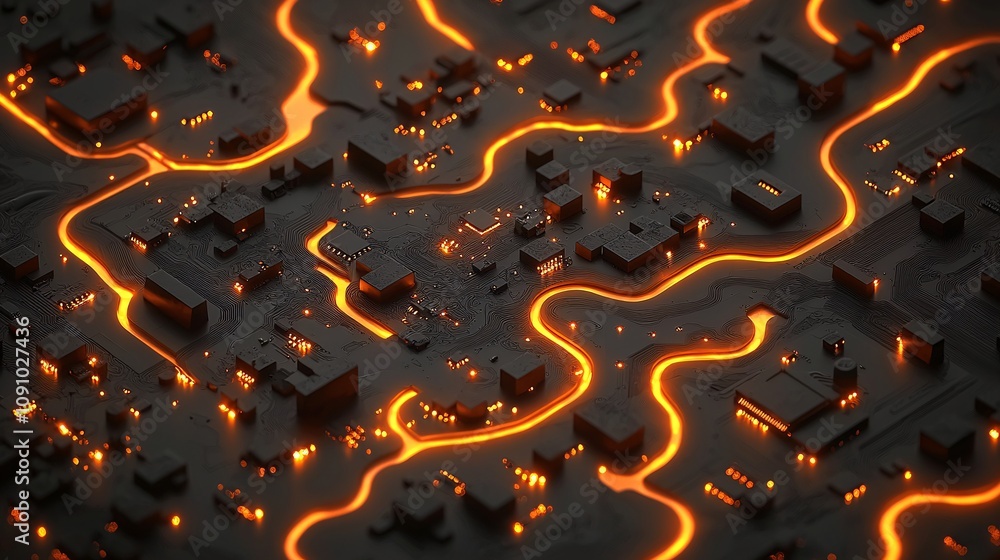 Poster Closeup of a printed circuit board with glowing electrical components and detailed pathways with side empty space for text Stockphoto style