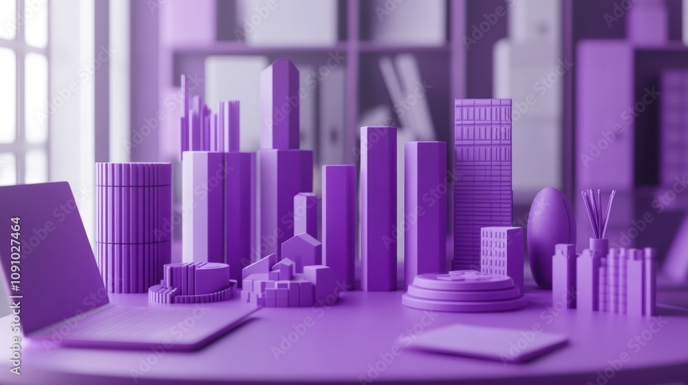 Poster A purple 3D cityscape model with various buildings and a laptop on a table.