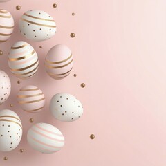 Elegant pastel Easter eggs scattered on a soft pink background with golden accents