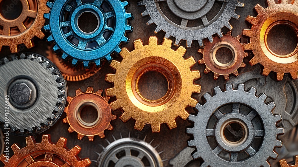 Fototapete Mechanical components and gears interlocked in a seamless design emphasizing precision engineering with side empty space for text Stockphoto style