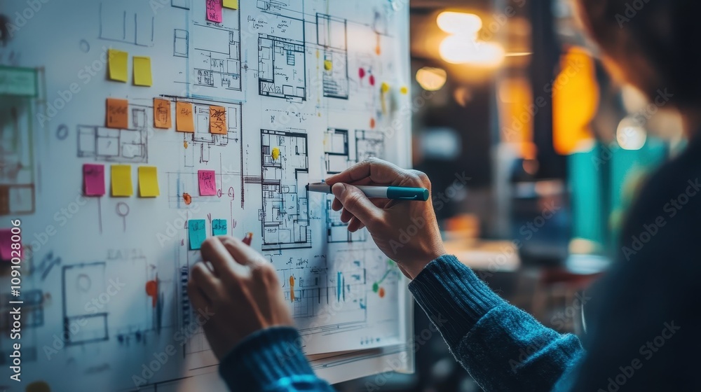 Poster a person annotating architectural plans with sticky notes and a pen in a creative workspace.