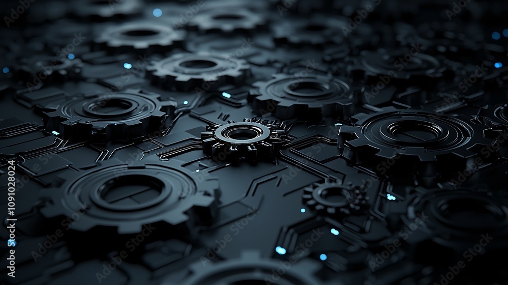 Fototapete Mechanical components and gears interlocked in a seamless design emphasizing precision engineering with side empty space for text Stockphoto style