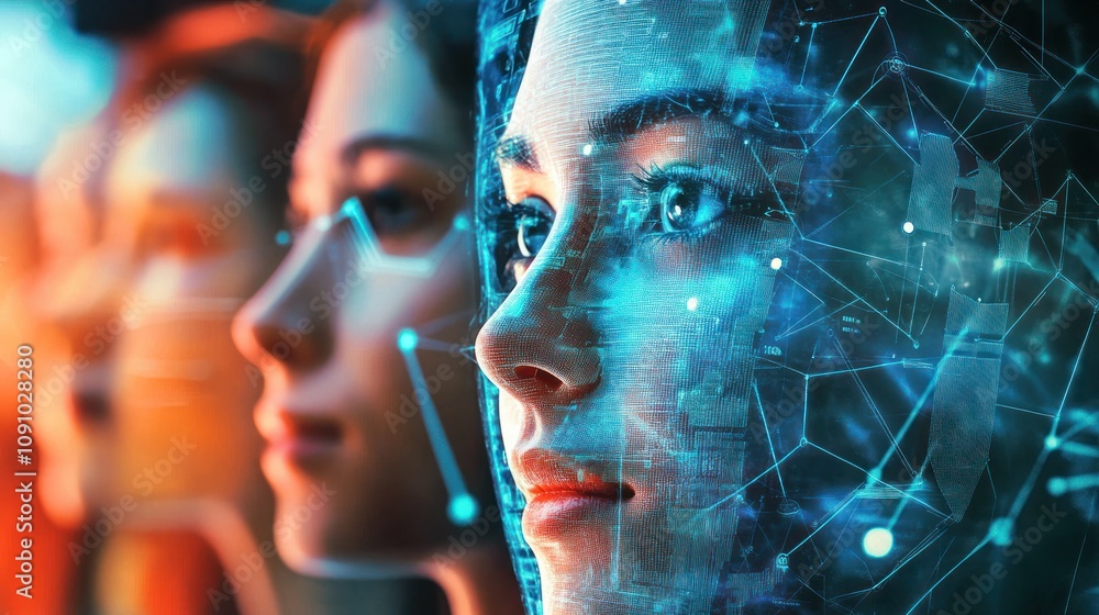 Aufkleber digital representation of women with futuristic elements and data visualization.