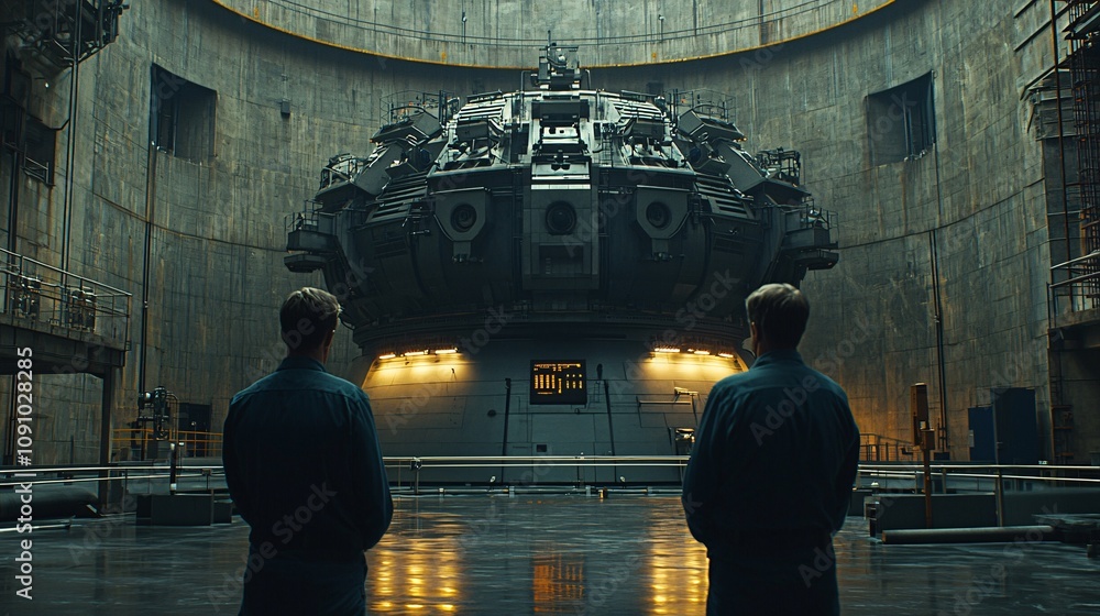 Fototapete Engineers in a power station monitoring energy output from large industrial turbines with side empty space for text Stockphoto style
