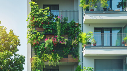 Fototapeta premium Gardening, relaxation, and a peaceful urban oasis. Growing different green plants and flowers flourishing on a serene terrace. Outdoor space with nature's beauty. 