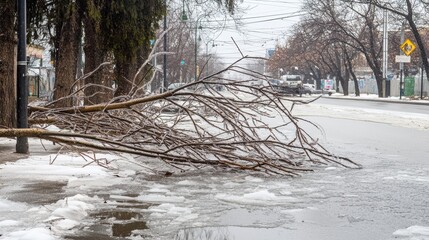 Broken tree branches on the sidewalk caused by the weight of ice after a freezing rain event. Winter storm aftermath with damaged trees and hazardous walking conditions