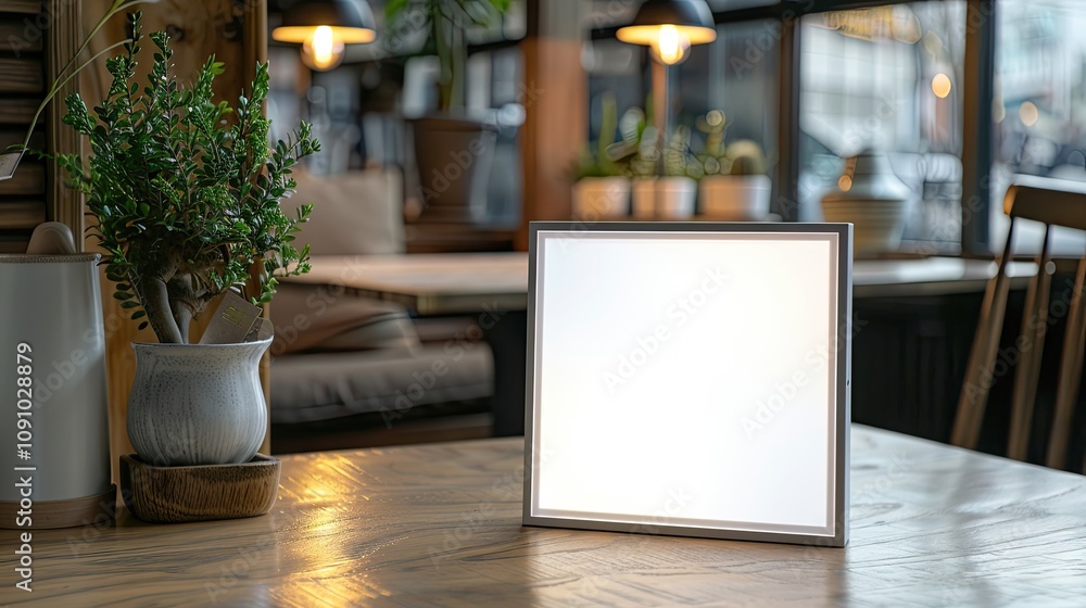 Poster blank sign on a table in a cafe. perfect for displaying your message or design.