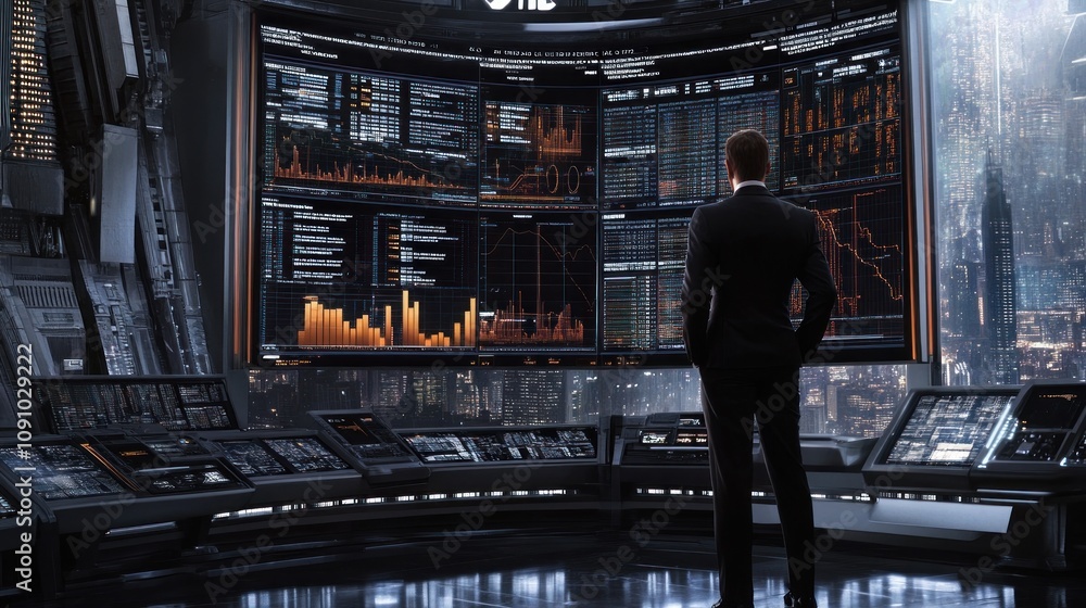 Aufkleber a person in a suit stands before a high-tech data display in a futuristic environment.