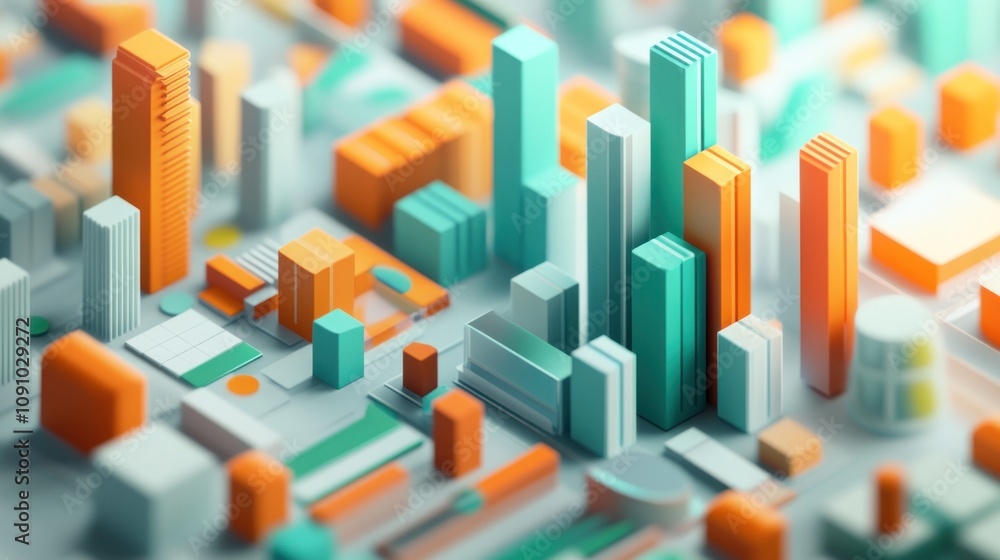 Poster A colorful 3D cityscape model showcasing various buildings and structures.