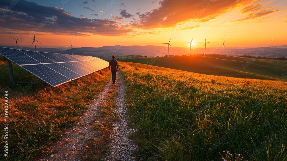 Poster Renewable energy farm with rows of wind turbines and solar panels integrated into the landscape with side empty space for text Stockphoto style