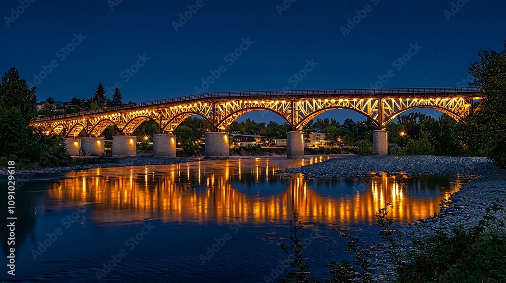 Poster an iconic bridge illuminated at night reflecting its architectural elegance and structural integrity