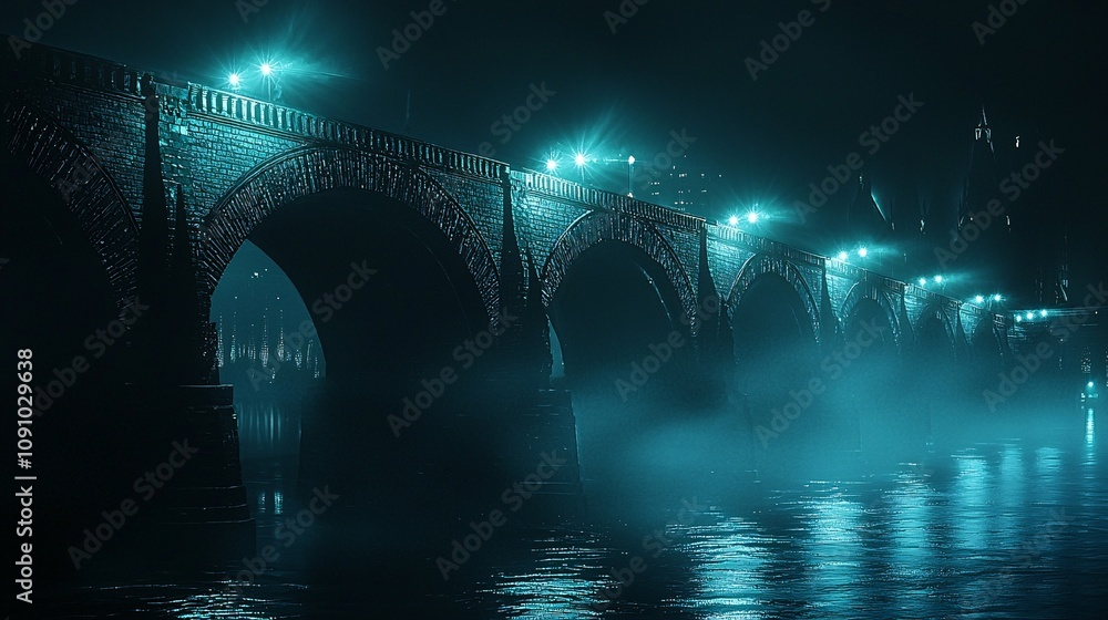 Poster an iconic bridge illuminated at night reflecting its architectural elegance and structural integrity