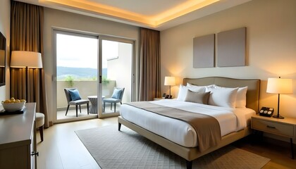 A modern and cozy bedroom with a large bed, neutral-colored walls, and a patterned area rug. The room has a balcony or window with a view of the outdoors.