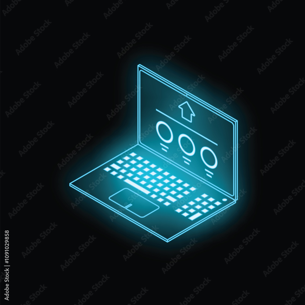 Poster neon laptop is glowing on a dark background showing a smart home automation control system with a ho