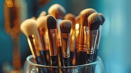 A collection of makeup brushes arranged in a glass container, showcasing their bristles and handles.