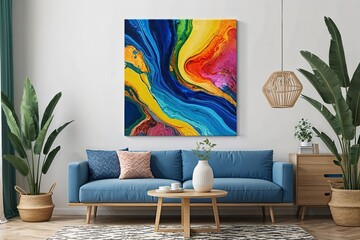 Artistic Canvas Displaying Fluid Acrylic Strokes with Bright Colors and Textured Characteristics in Modern Design Print
