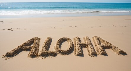 Fototapeta premium aloha lettering on sand in beach on summer
