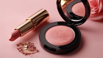 A beauty setup featuring a lipstick, blush compact, and powder, perfect for makeup application.