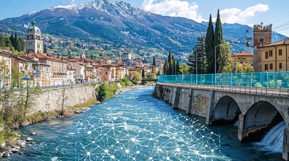 Poster Advanced urban drainage systems featuring real-time monitoring and smart flood prevention technologies with side empty space for text Stockphoto style