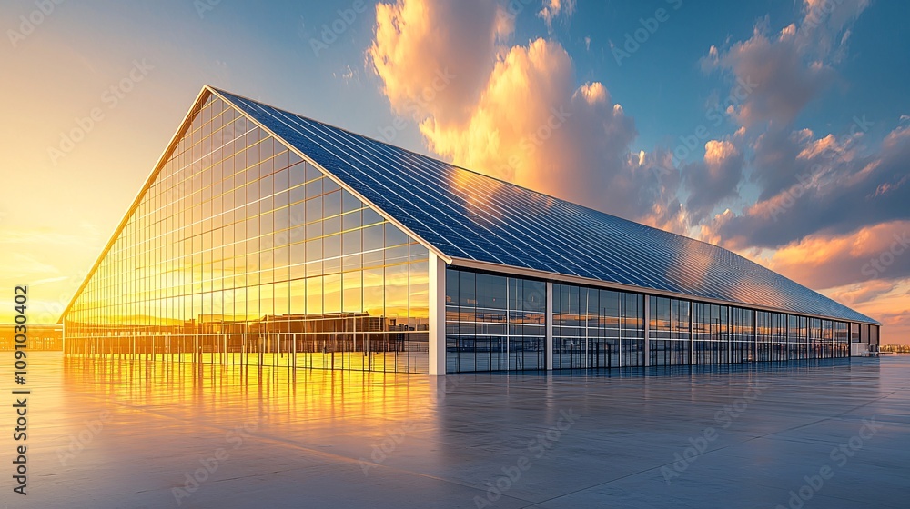 Fototapete Smart building with solar panels and automated climate control systems under construction and side empty space for text Stockphoto style