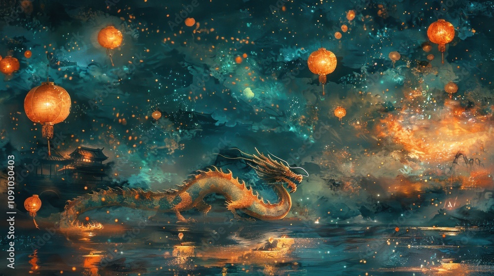 Poster a golden dragon soars through a mystical sky filled with floating lanterns, creating a magical and e