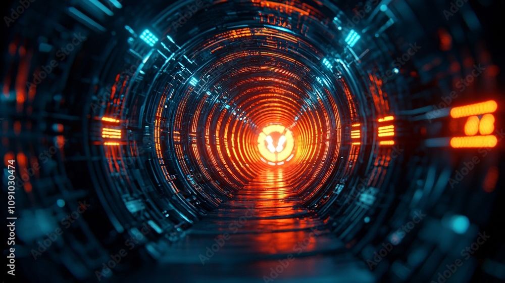 Aufkleber Detailed view of an underground smart tunnel system with automated transport networks and emergency systems and side empty space for text Stockphoto style