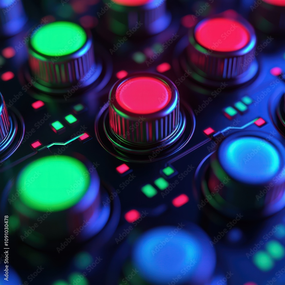 Poster a close-up of colorful illuminated control buttons on a device, featuring vibrant red, green, and bl