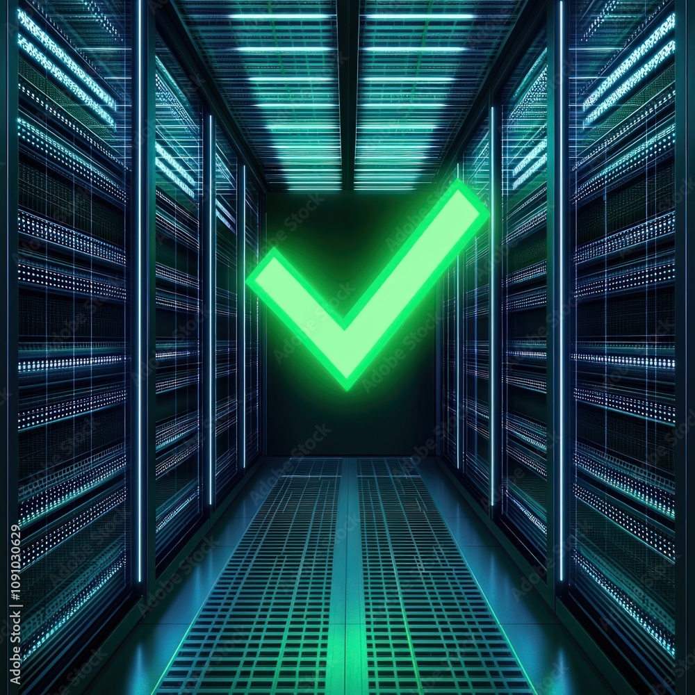 Poster a futuristic data center with illuminated servers and a green checkmark symbolizing success or valid