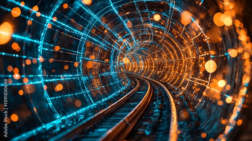 Poster Detailed view of an underground smart tunnel system with automated transport networks and emergency systems and side empty space for text Stockphoto style