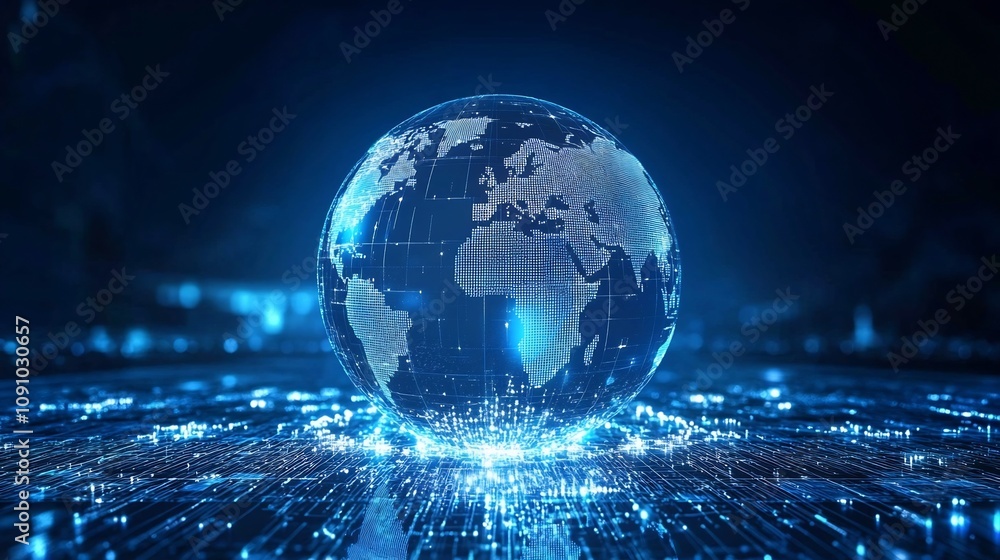 Poster illuminated global cyber network with encrypted digital pathways