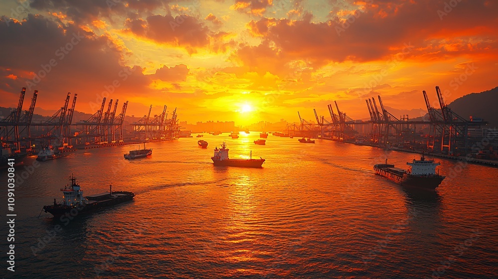 Fototapete Future-ready smart port infrastructure featuring automated cranes and AI-driven logistics systems with ships in the background and side empty space for text Stockphoto style