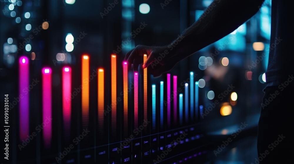 Poster a hand adjusts colorful light bars against a dark backdrop, creating a dynamic visual experience wit