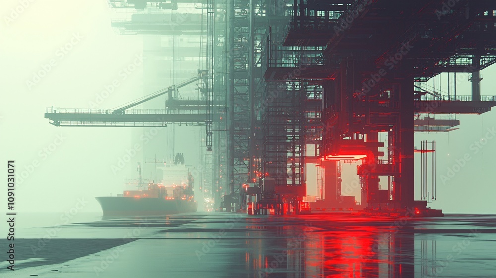 Fototapete Future-ready smart port infrastructure featuring automated cranes and AI-driven logistics systems with ships in the background and side empty space for text Stockphoto style