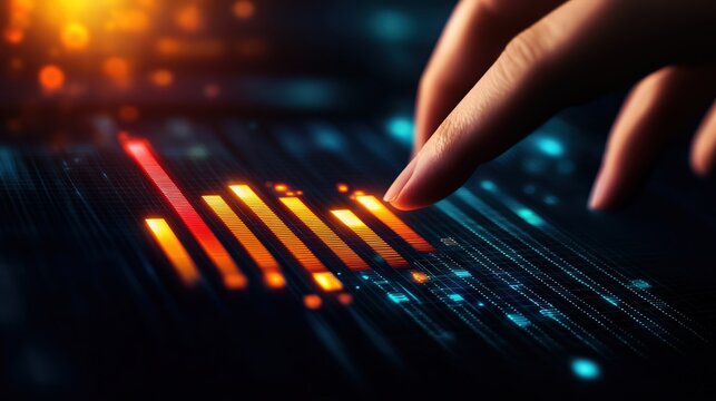A close-up of a hand interacting with a digital interface displaying colorful data visualizations and metrics.