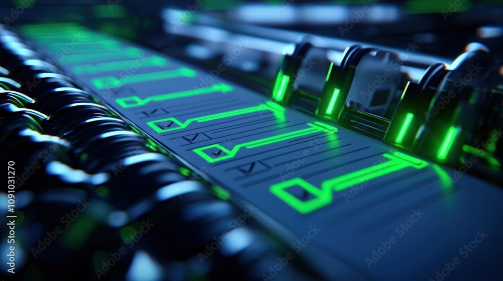 Poster a close-up view of a modern electronic circuit board featuring illuminated green indicators and intr