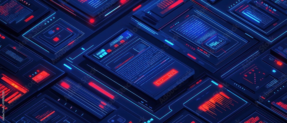 Poster a digital interface design featuring futuristic screens and data displays in blue and red hues.