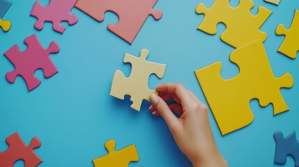 Obraz premium A hand adding the last piece of a blank rectangular puzzle against a blue background, top view. 