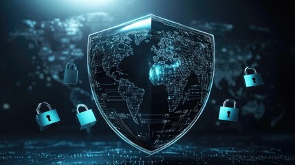 A dark, futuristic globe encased in a glowing shield with circuit patterns overlaying the continents, symbolizing global cybersecurity. 