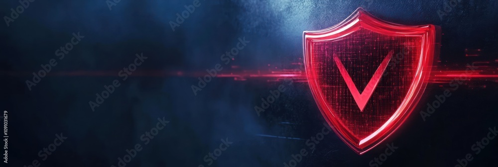 Poster a stylized shield icon with a glowing red outline against a dark background.