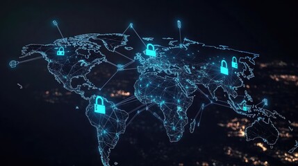 A dark, high-tech world map with neon blue locks hovering over countries, connected by circuits that glow softly, symbolizing a protected global digital network. 