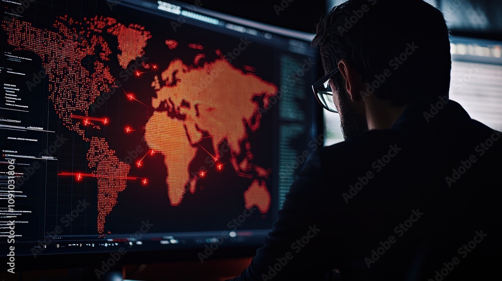 Poster a person analyzes a digital world map on a glowing screen, with red highlights indicating data point