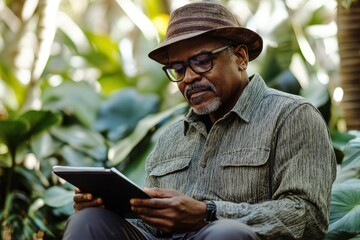 Obraz premium Man Using Tablet in Botanical Garden Setting
