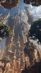 Fototapeta premium An intricate, towering, golden-brown city with spires and trees
